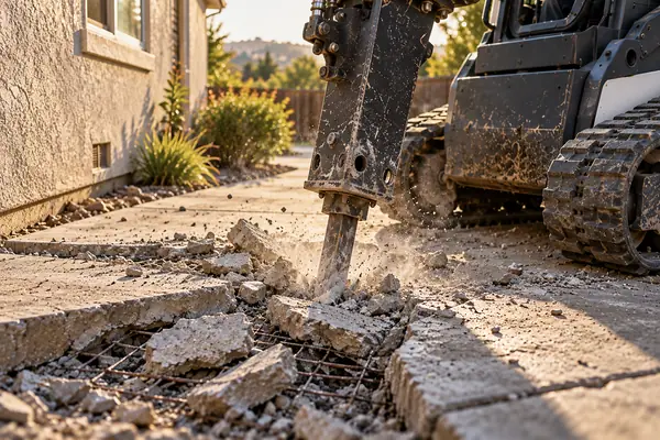 Hydraulic breaker cracking a concrete walkway with wire mesh