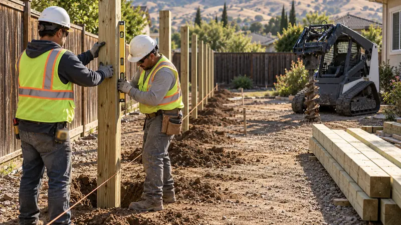 Fence crew setting wood posts in freshly drilled holes