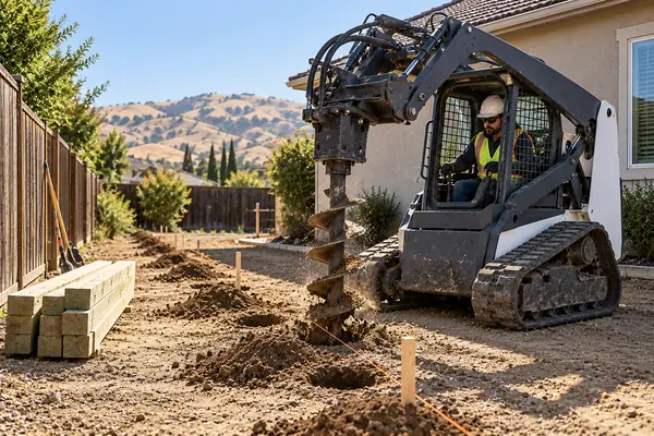 Skid steer with an auger drilling fence post holes along a string line
